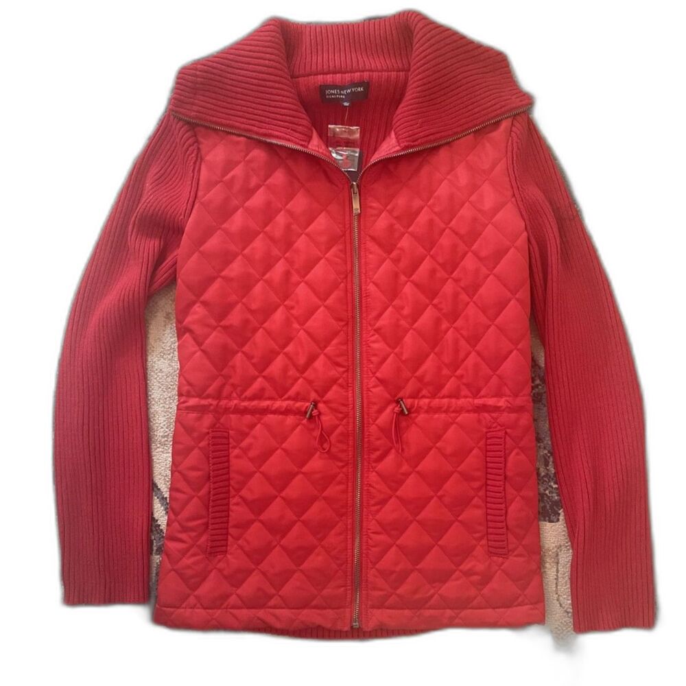 Red Quilted Knit Jacket M Zip Front Lightweight Fall Minimalist Classic NWT - Picture 6 of 15